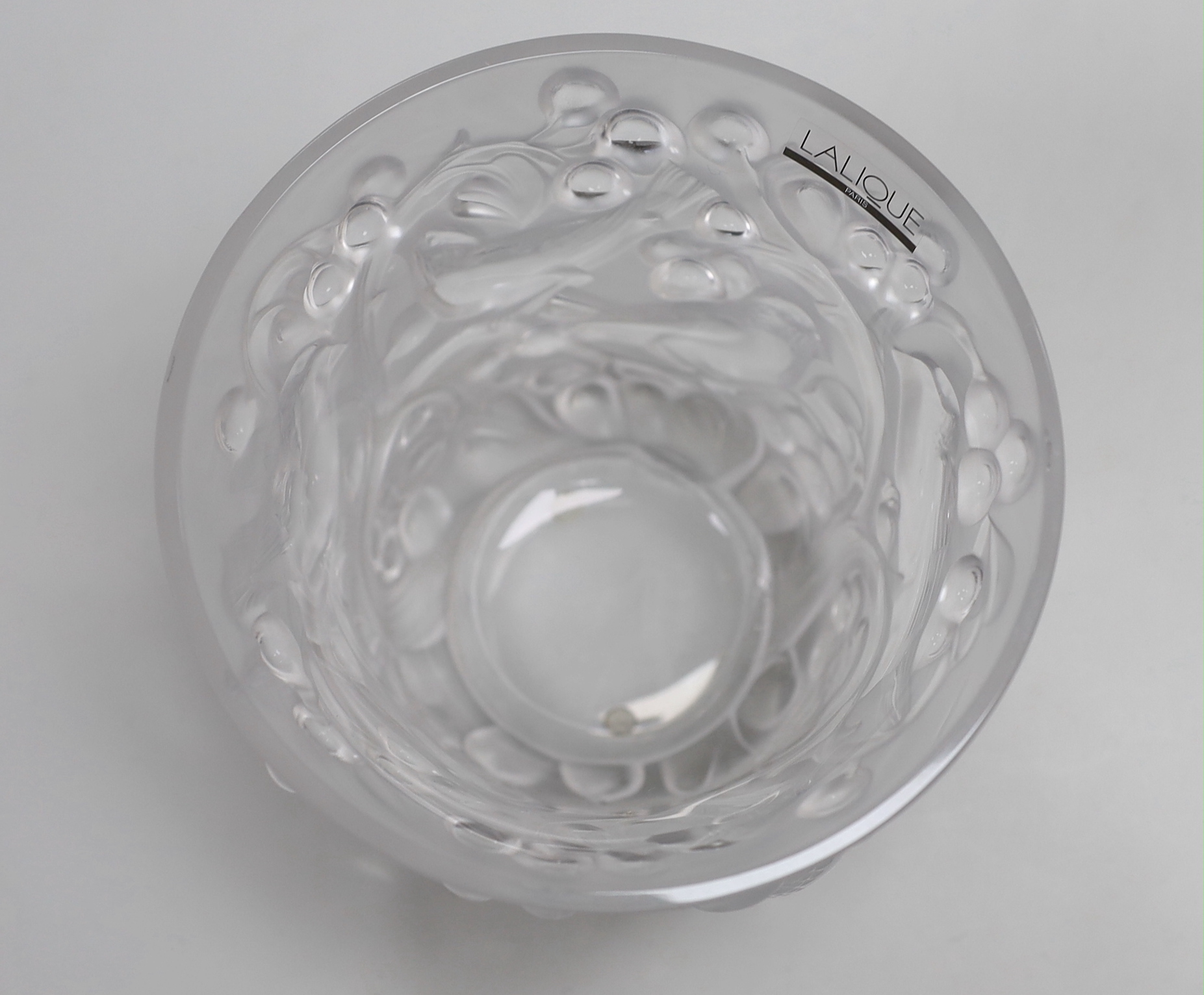 A Lalique Avallon glass vase with birds perching on fruiting branches, 14.5cm high